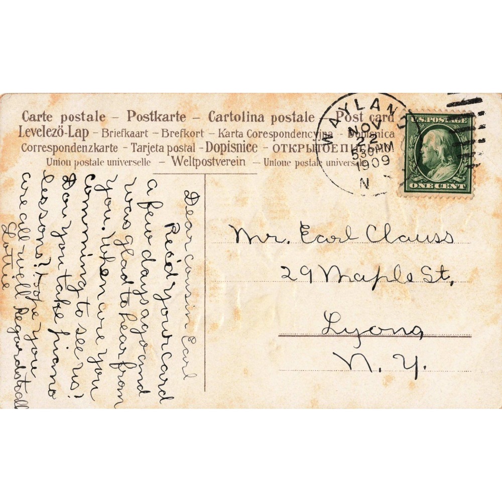 Antique 1909 Yellow Rose Floral Postcard Divided Back Wayland NY 1c Stamp Used - Picture 2 of 2